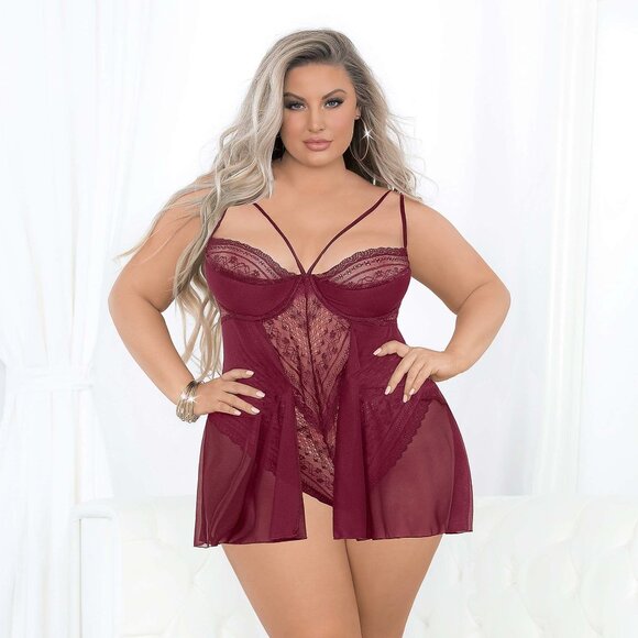 New Item Other - Plus Size Lace Teddy Lingerie Dark Red Underwire Flyaway Mesh Skirt Bodysuit 1X